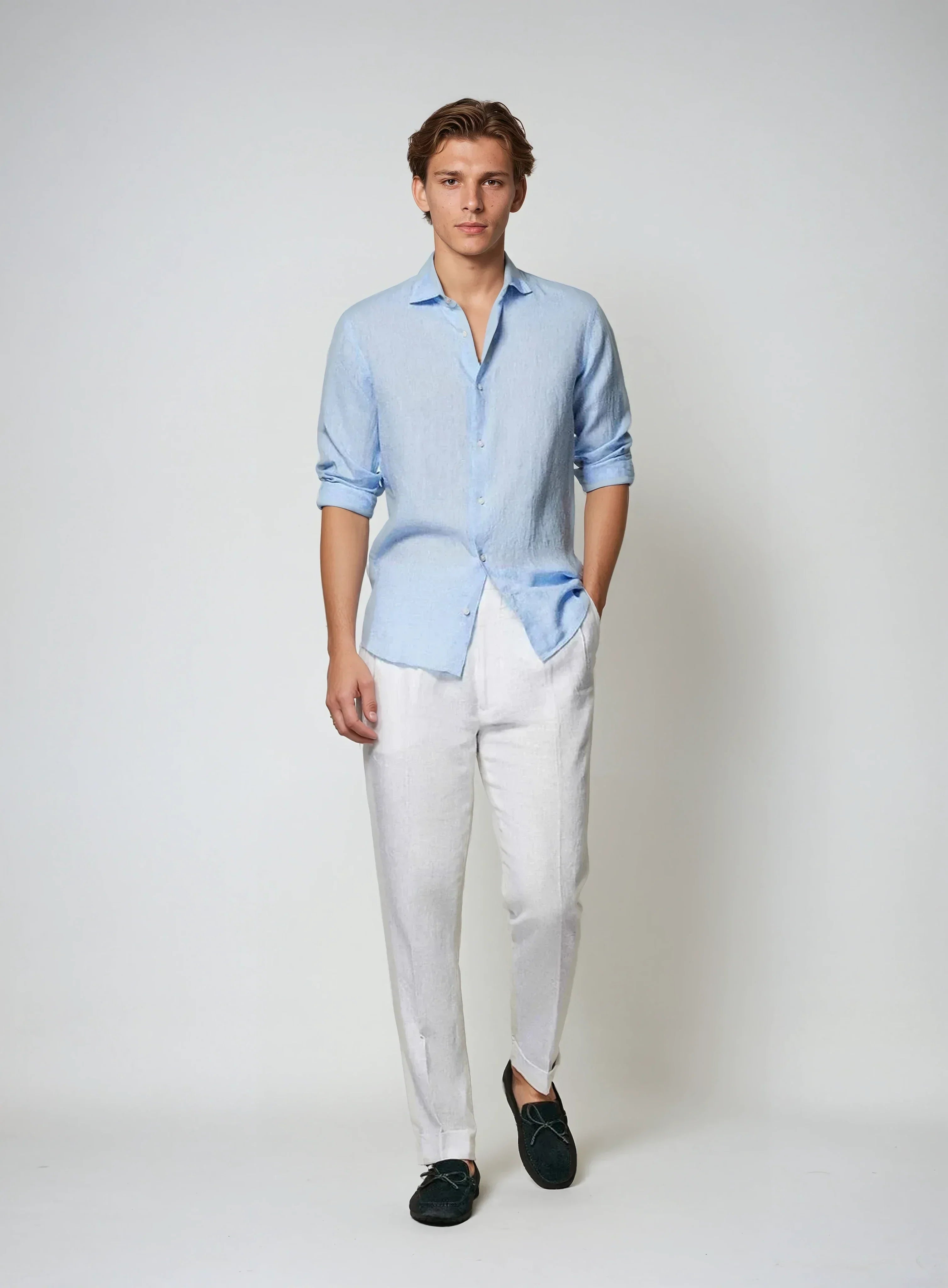 Chemise à bouton en lin pour hommes, manches roulées, bouton en nacre, longueur hanches