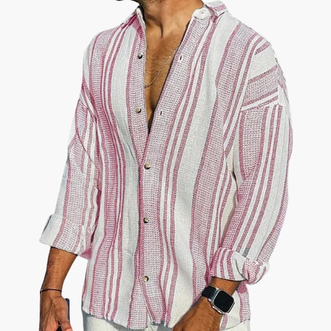 Men's Shirt Linen Waffle Weave Stand Collar Striped