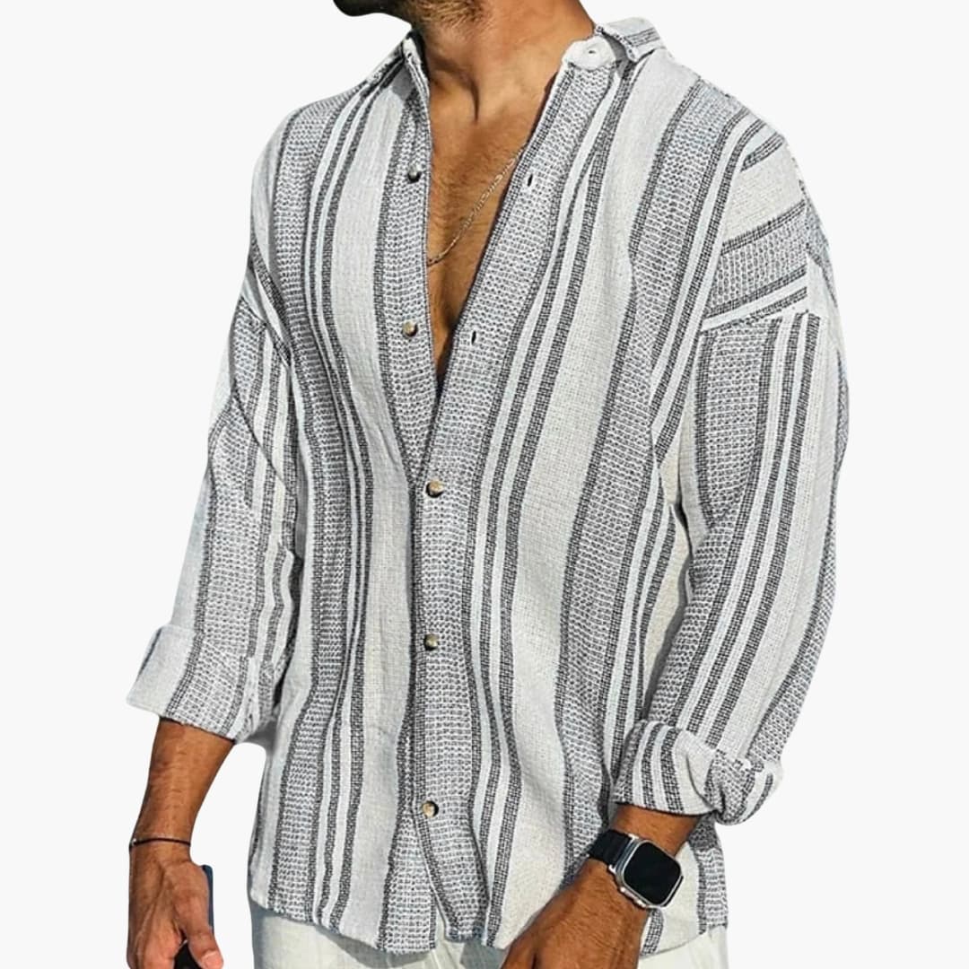 Men's Shirt Linen Waffle Weave Stand Collar Striped