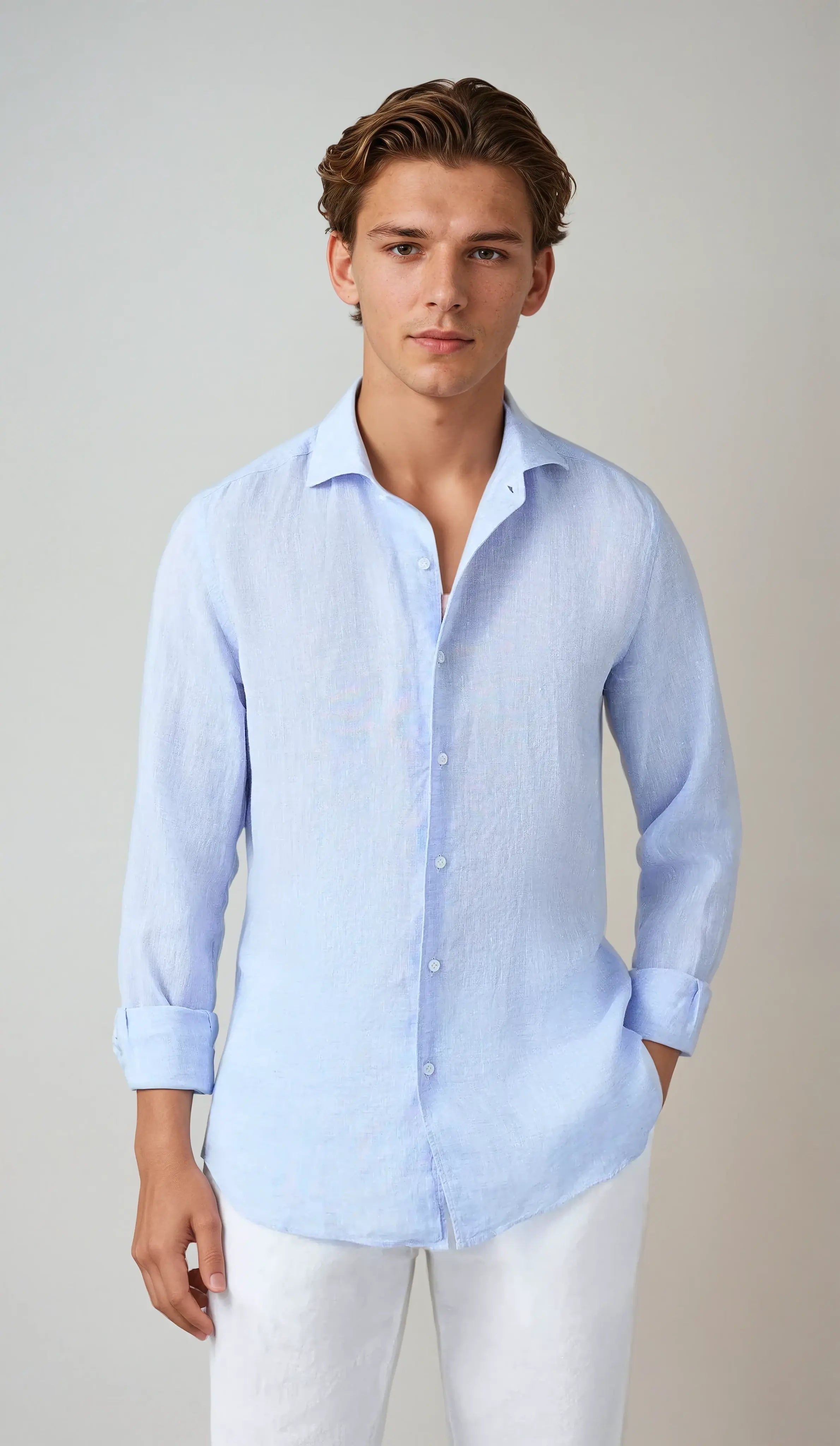 Chemise à bouton en lin pour hommes, manches roulées, bouton en nacre, longueur hanches