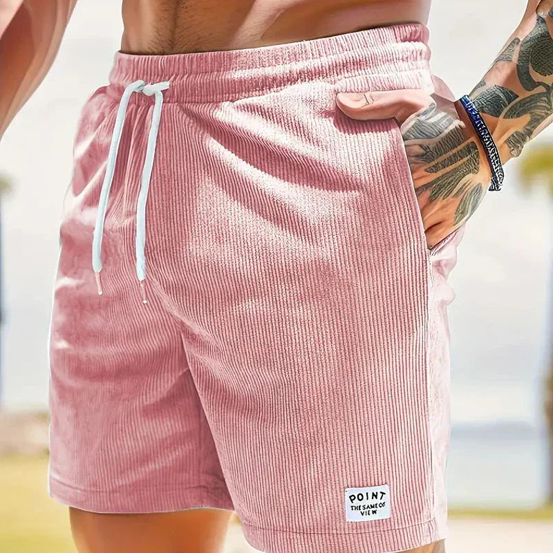 Shorts à cordon côtelés pour hommes en mélange de coton, coupe décontractée, mi-cuisse, poche avant, décontracté