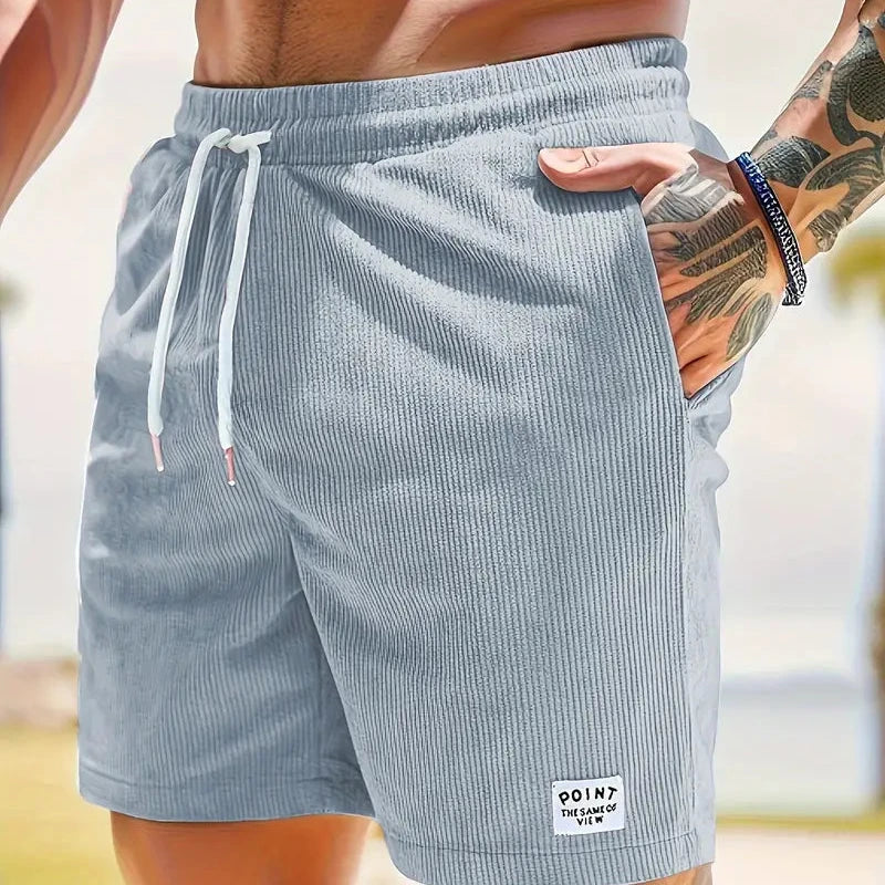 Ribbed Drawstring Shorts Men Cotton Blend Relaxed Fit Mid Thigh Front Pocket Casual