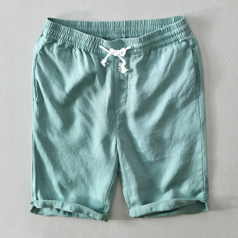 Linen Rolled Cuff Shorts Men Linen Elasticated Drawstring Waist Relaxed Fit Casual