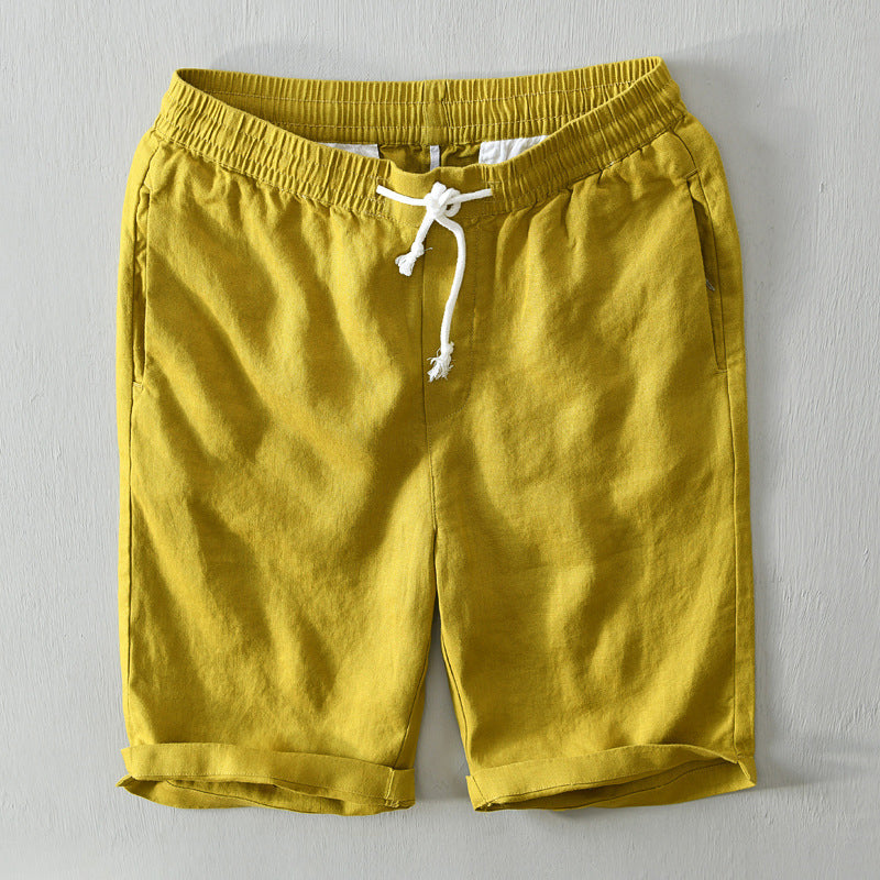 Linen Rolled Cuff Shorts Men Linen Elasticated Drawstring Waist Relaxed Fit Casual
