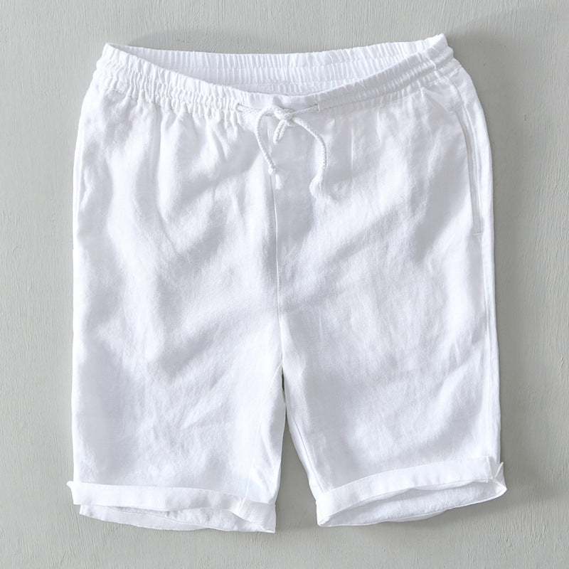 Linen Rolled Cuff Shorts Men Linen Elasticated Drawstring Waist Relaxed Fit Casual
