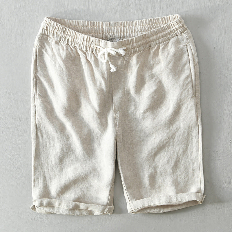 Linen Rolled Cuff Shorts Men Linen Elasticated Drawstring Waist Relaxed Fit Casual