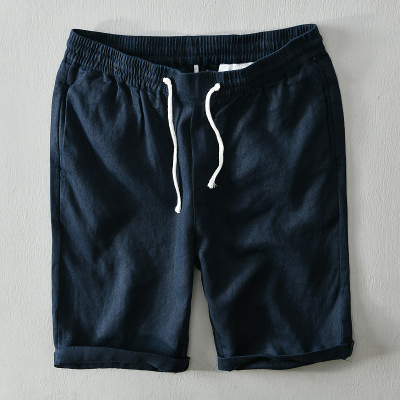 Linen Rolled Cuff Shorts Men Linen Elasticated Drawstring Waist Relaxed Fit Casual