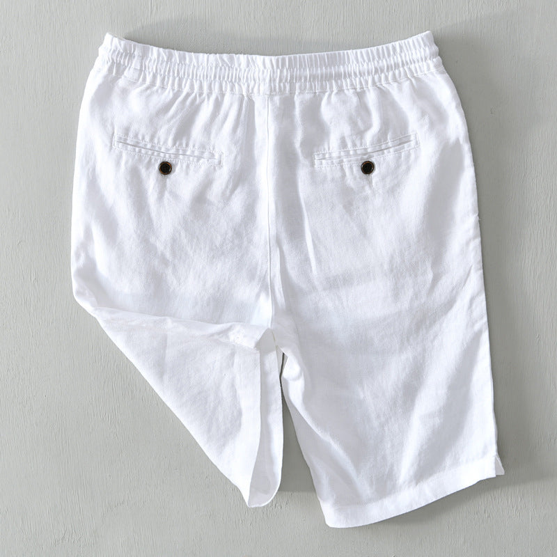 Linen Rolled Cuff Shorts Men Linen Elasticated Drawstring Waist Relaxed Fit Casual