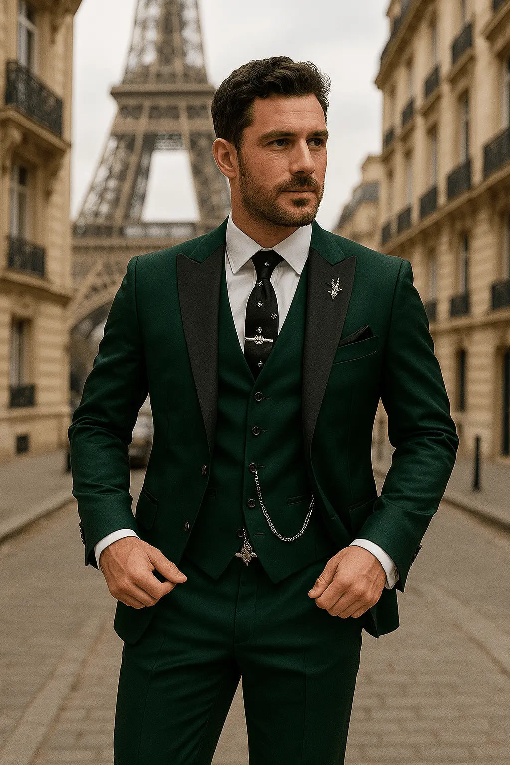 Three Piece Slim Fit Suit Set Men Woven Fabric Waistcoat Tailored Jacket Formal