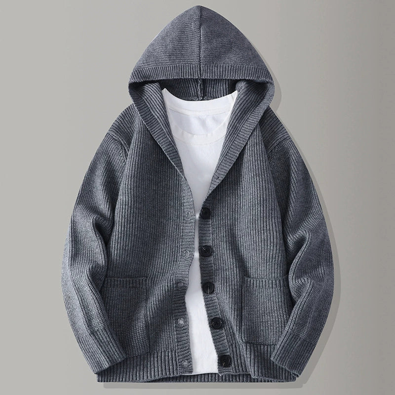 Men's Hooded Knit Cardigan with Button Front