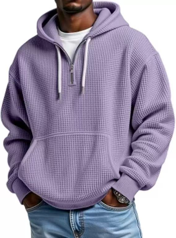 Men's Waffle Knit Quarter Zip Hoodie Kangaroo Pocket Drawstring Hood