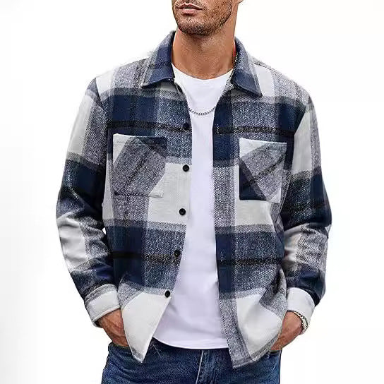 Men's Check Lapel Collar Button Front Cotton Polo