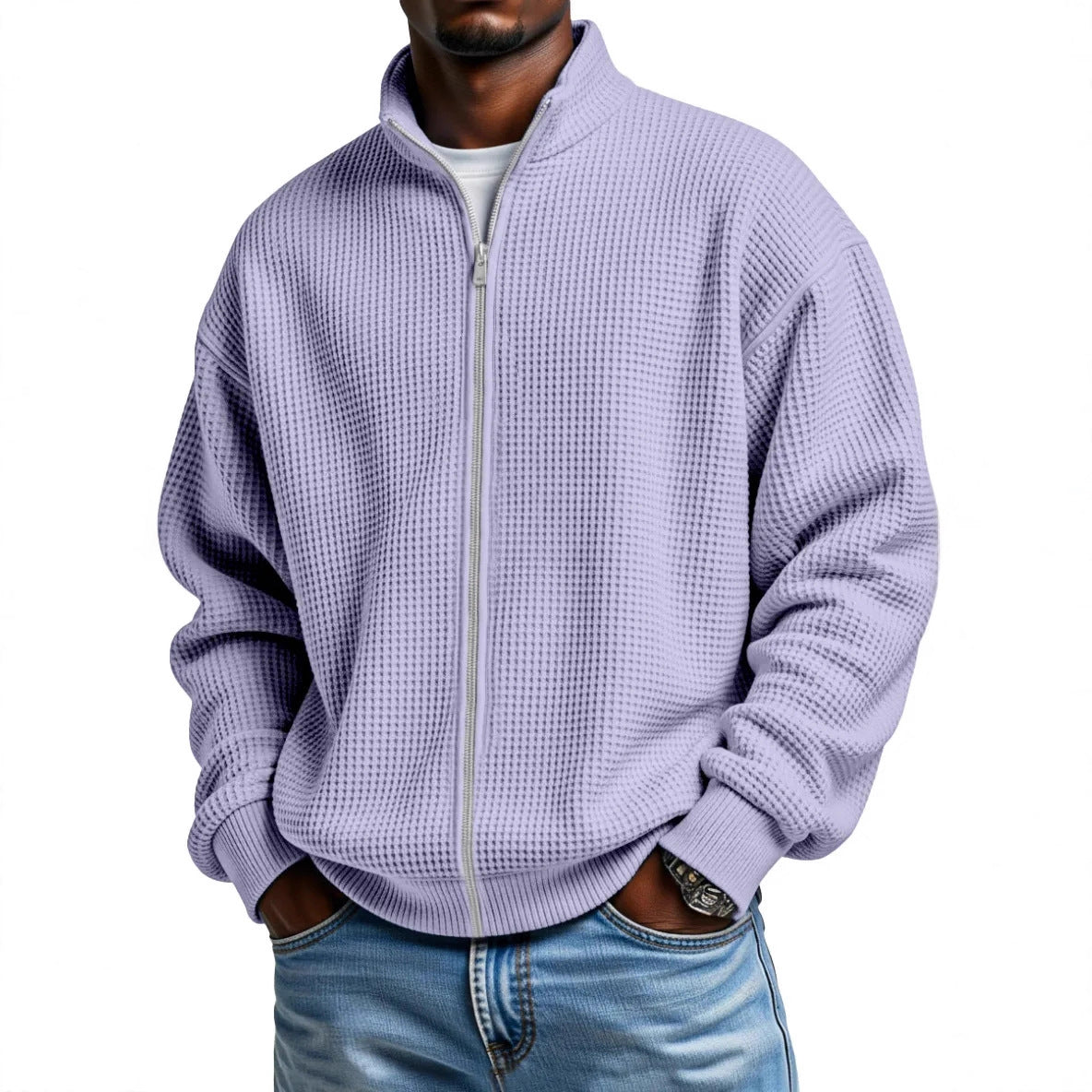 Men's Waffle Knit Jacket Stand Collar Zip Front