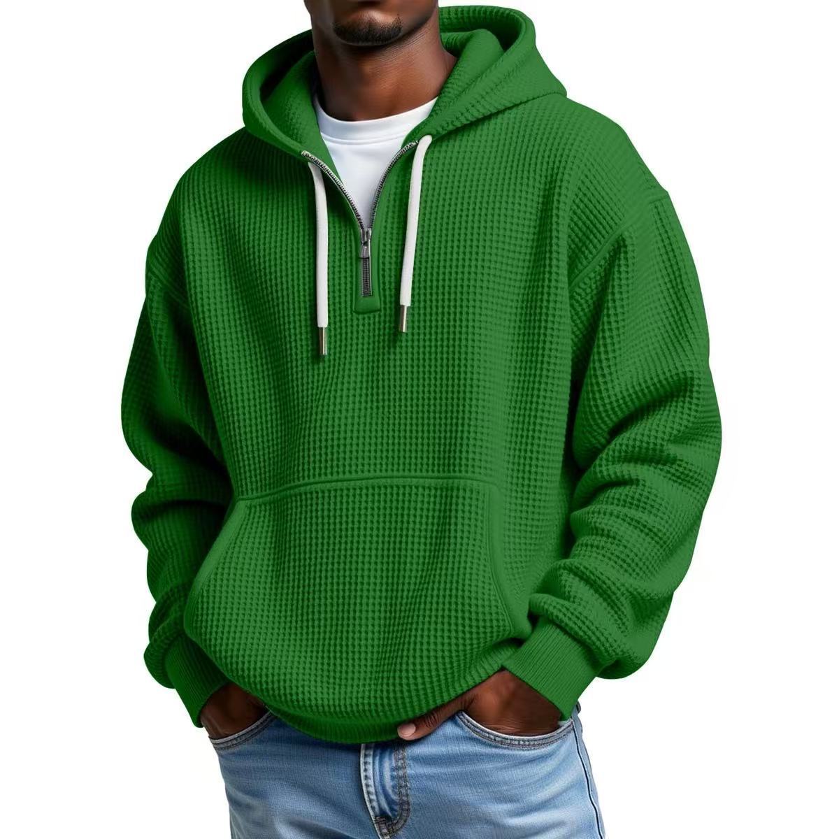 Men's Waffle Knit Quarter Zip Hoodie Kangaroo Pocket Drawstring Hood