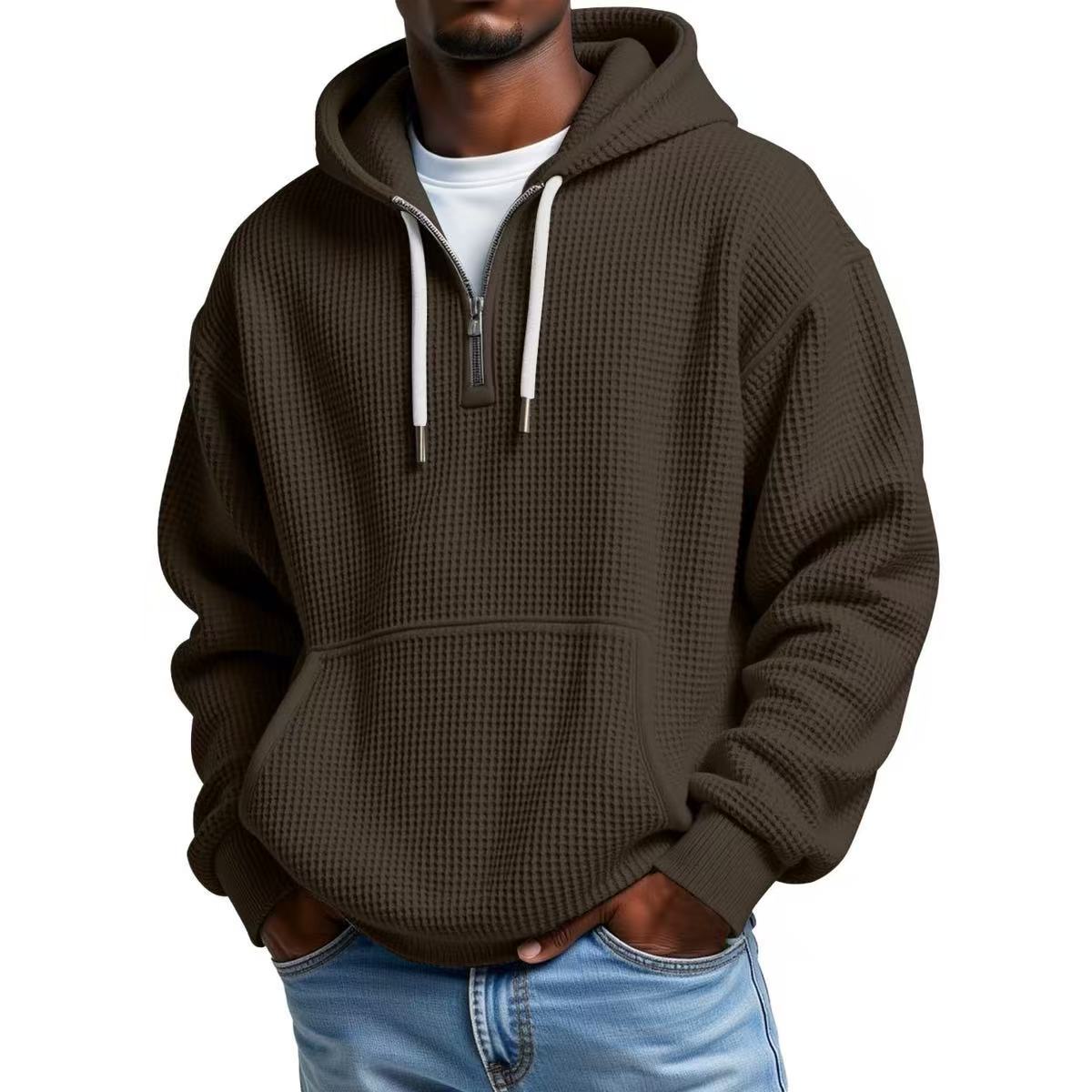 Men's Waffle Knit Quarter Zip Hoodie Kangaroo Pocket Drawstring Hood