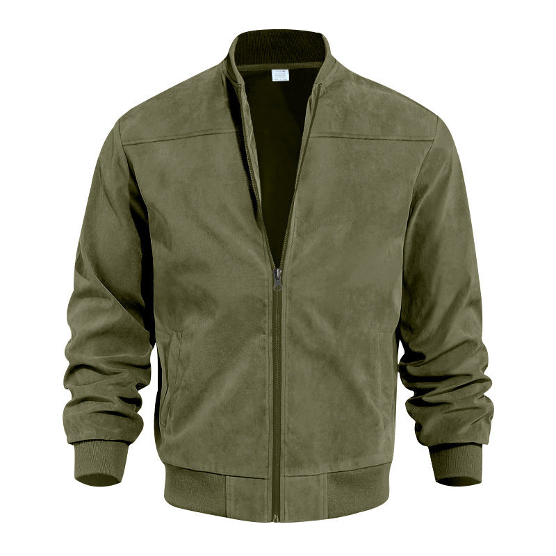Men's Suede Bomber Jacket Zip Front Stand Collar
