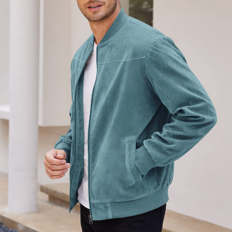 Men's Suede Bomber Jacket Zip Front Stand Collar