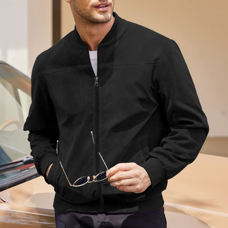 Men's Suede Bomber Jacket Zip Front Stand Collar