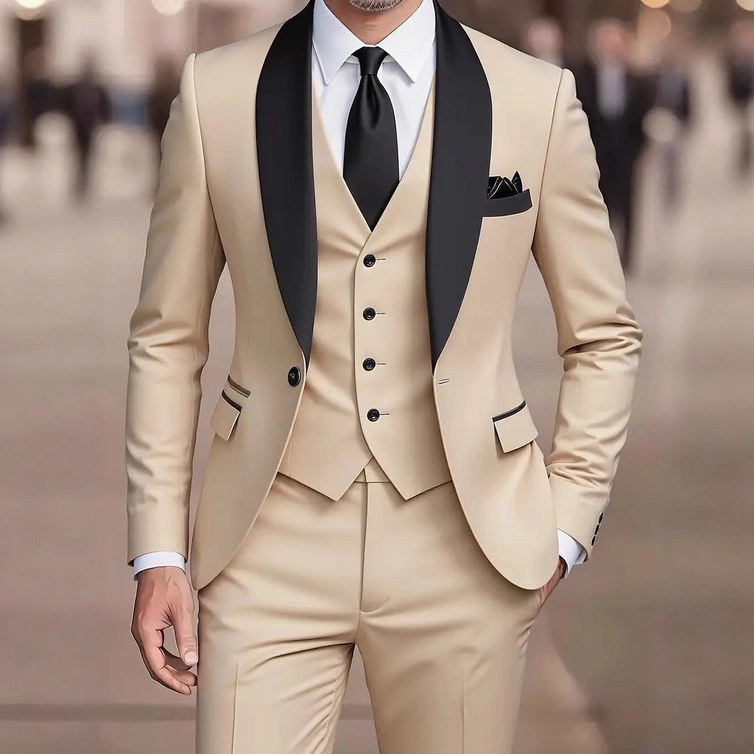 Three Piece Tuxedo Suit Men Satin Blend Tailored Fit Waistcoat Black Tie Formal