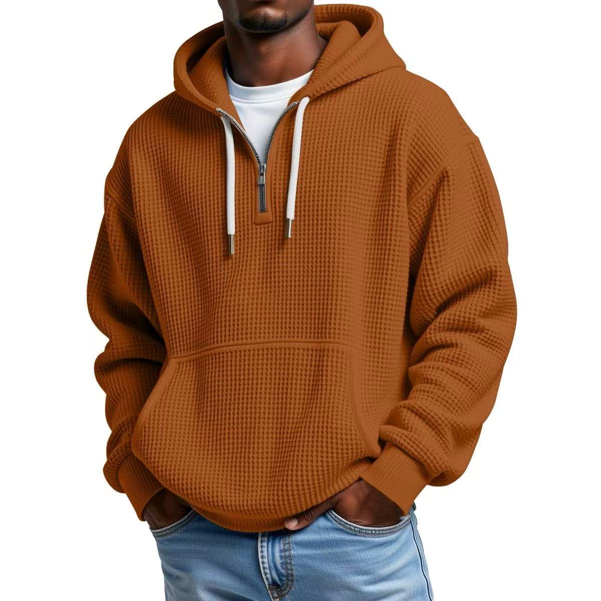 Men's Waffle Knit Quarter Zip Hoodie Kangaroo Pocket Drawstring Hood