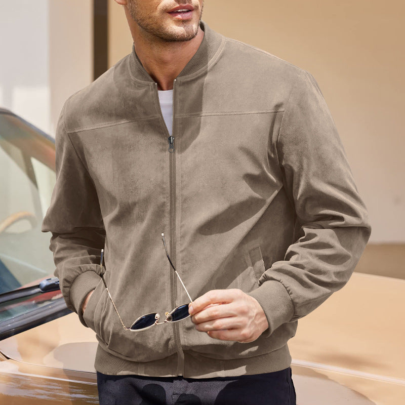 Men's Suede Bomber Jacket Zip Front Stand Collar
