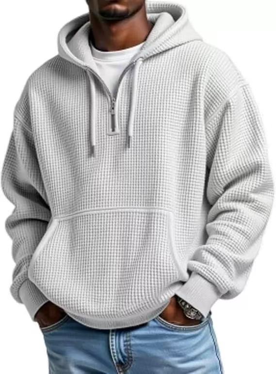 Men's Waffle Knit Quarter Zip Hoodie Kangaroo Pocket Drawstring Hood