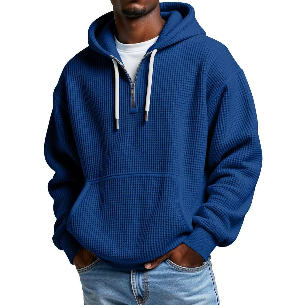 Men's Waffle Knit Quarter Zip Hoodie Kangaroo Pocket Drawstring Hood