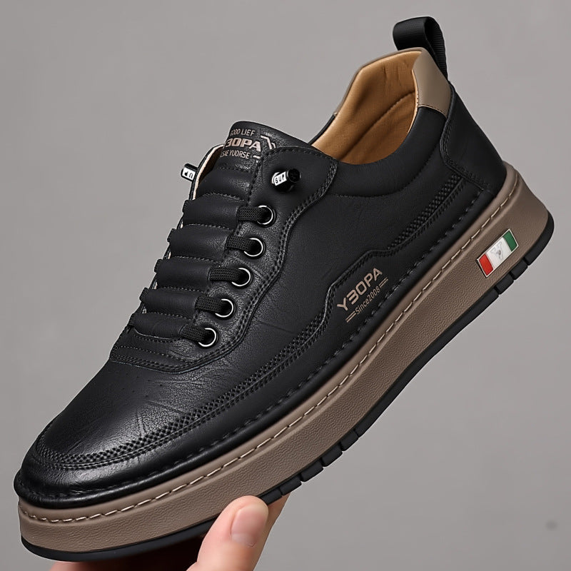 Men's Chunky Leather Trainers Thick Sole Stitched Detail Cushioned