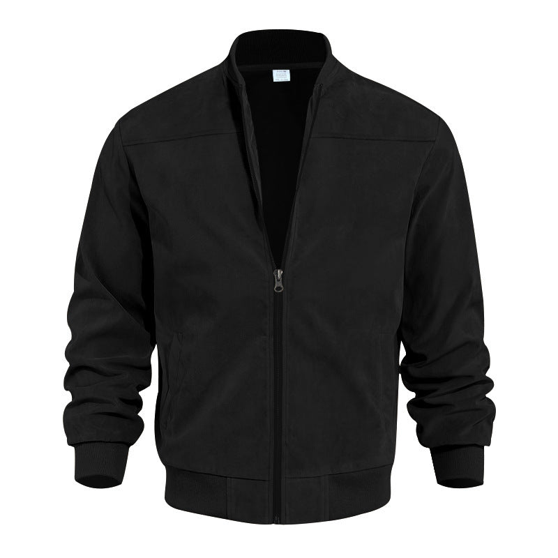 Men's Suede Bomber Jacket Zip Front Stand Collar