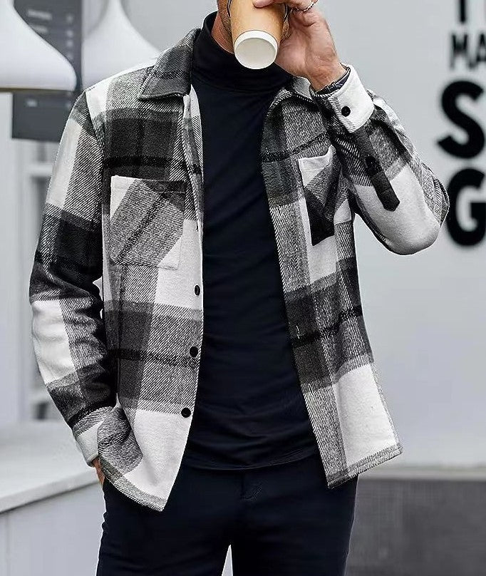 Men's Check Lapel Collar Button Front Cotton Polo