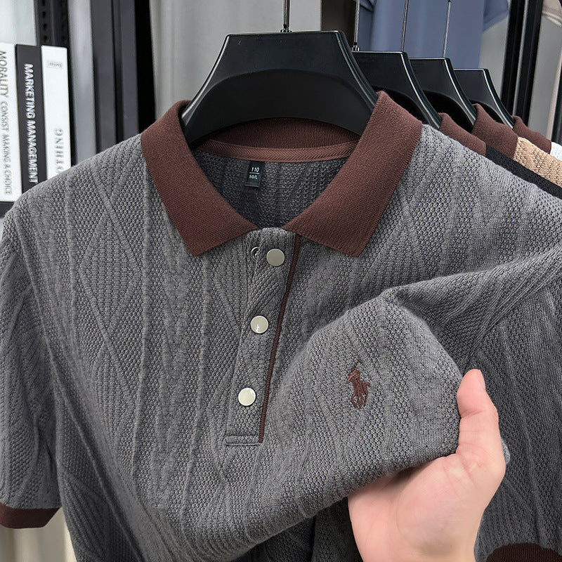 <font dir="auto" style="vertical-align: inherit;"><font dir="auto" style="vertical-align: inherit;">2026 Summer New Arrival: Men's Knitted Short-Sleeve Sweater with Jacquard Embroidered Collar, Korean Style, Fashionable Fit for Middle-Aged Men.</font></fo