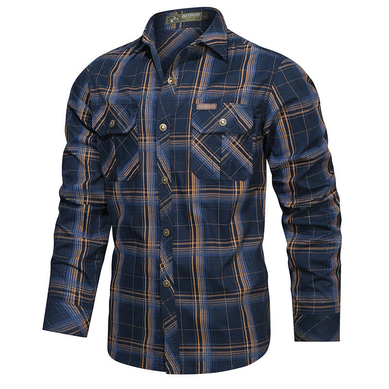 Men's Check Flannel Polo Chest Pockets Long Sleeve Button Front