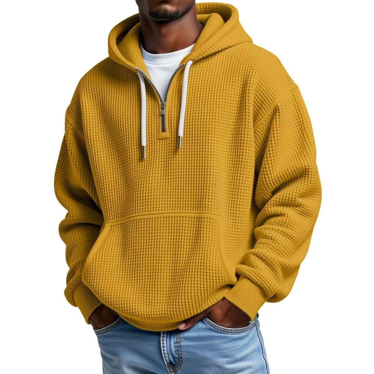 Men's Waffle Knit Quarter Zip Hoodie Kangaroo Pocket Drawstring Hood
