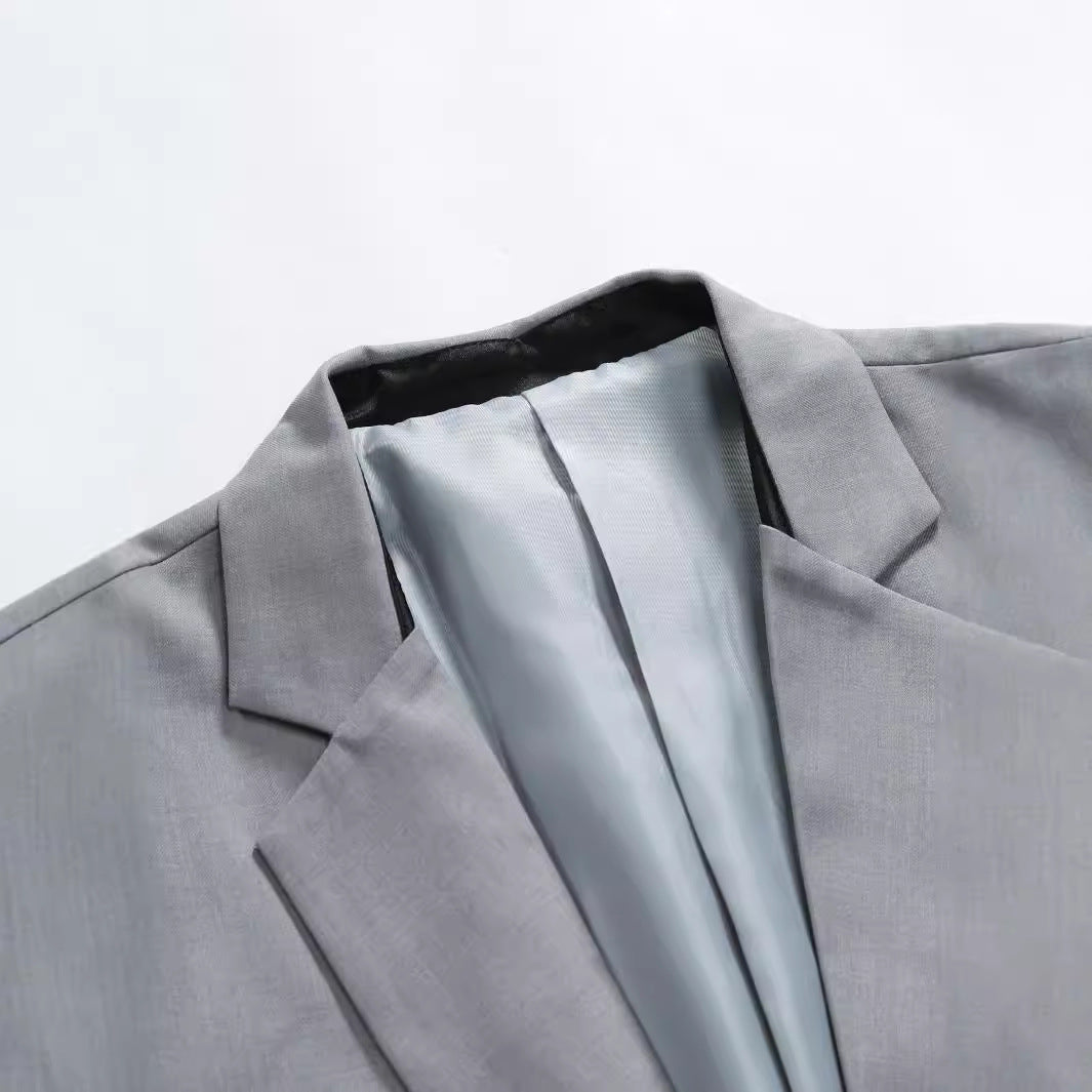 Single Button Suit Set Men Woven Fabric Slim Fit Notch Lapel Tapered Trouser Formal
