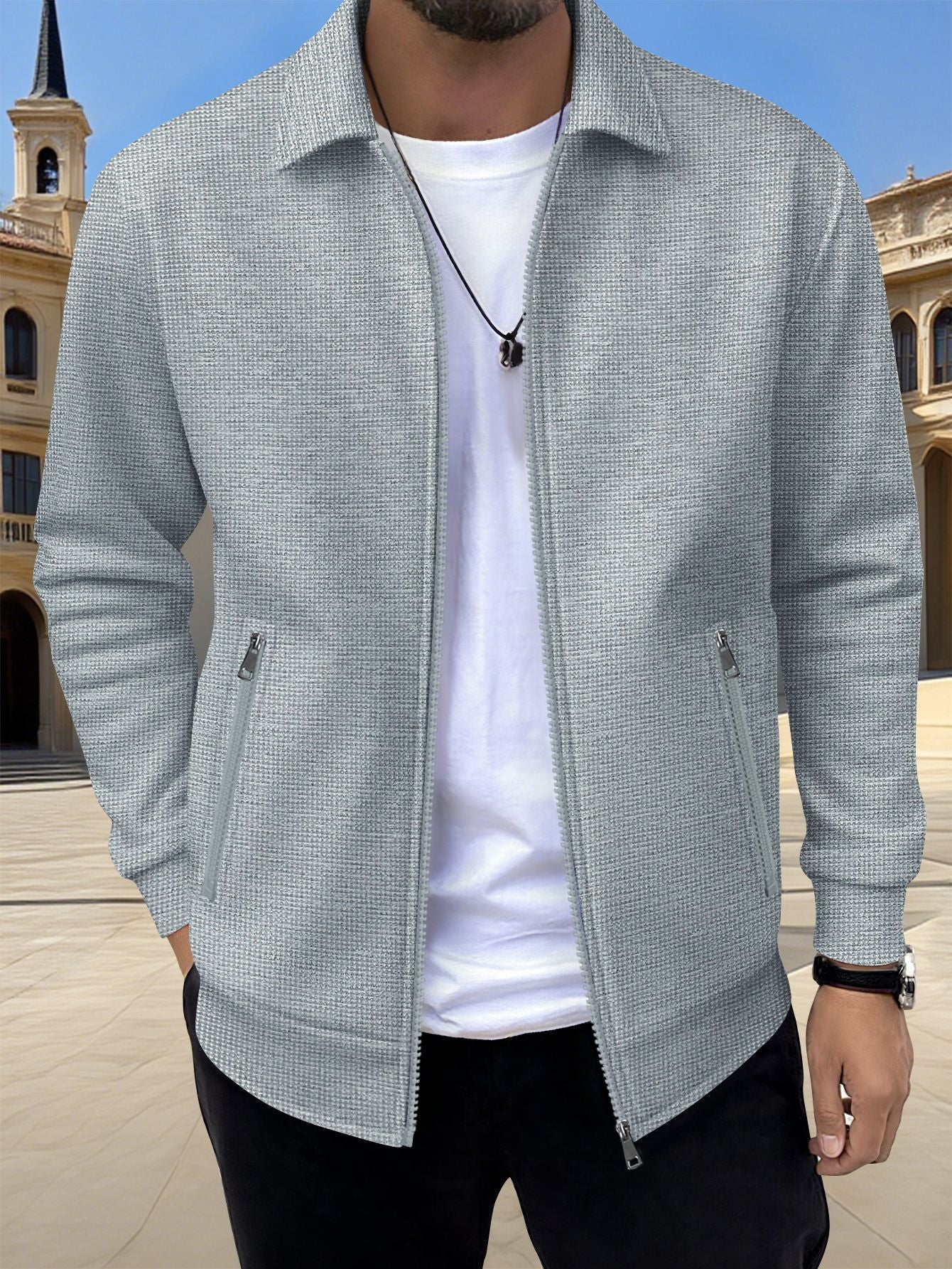 Men's Textured Jacket Zip Front Long Sleeve