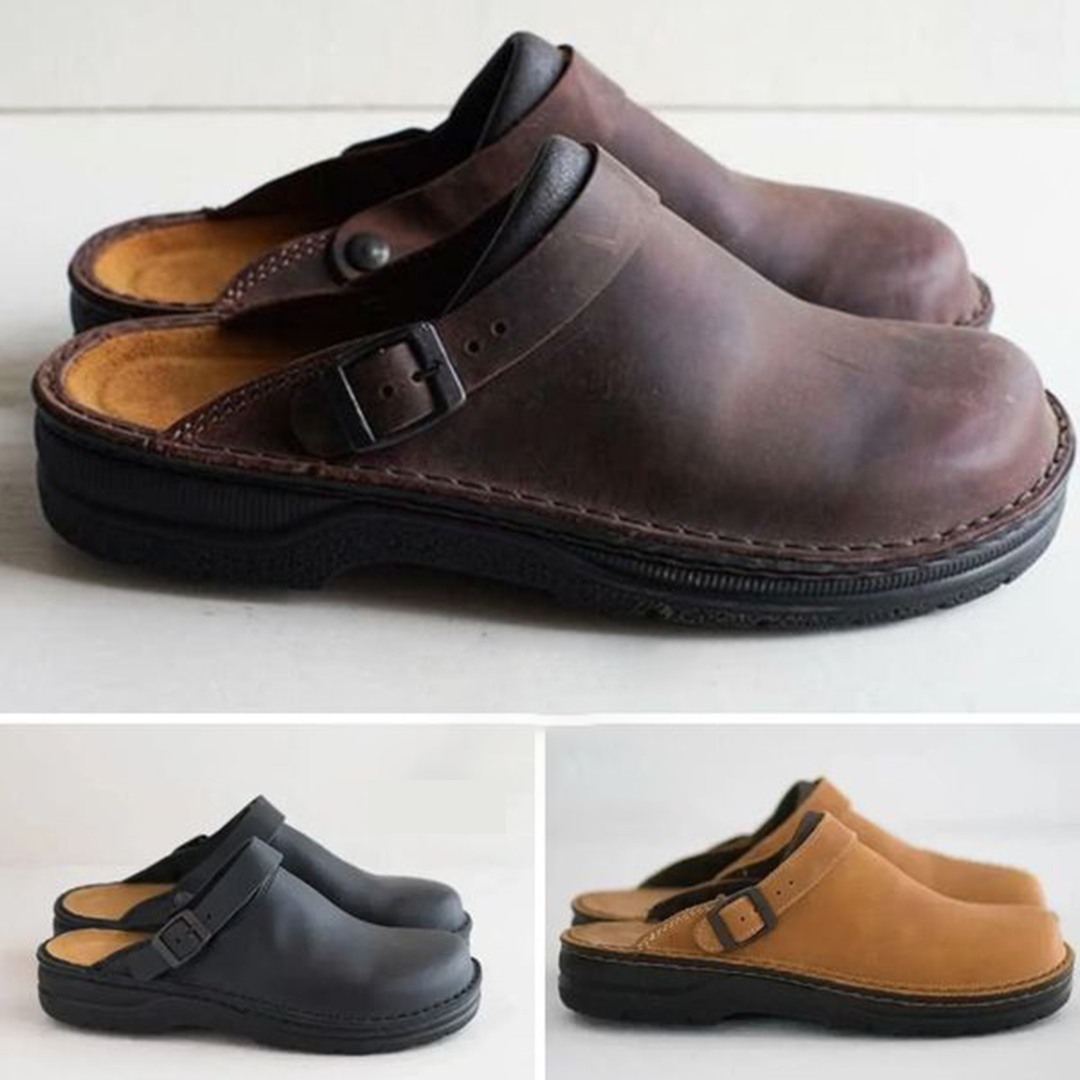 Men's Leather Clogs Slip On Buckle Strap Orthopedic Insole Casual