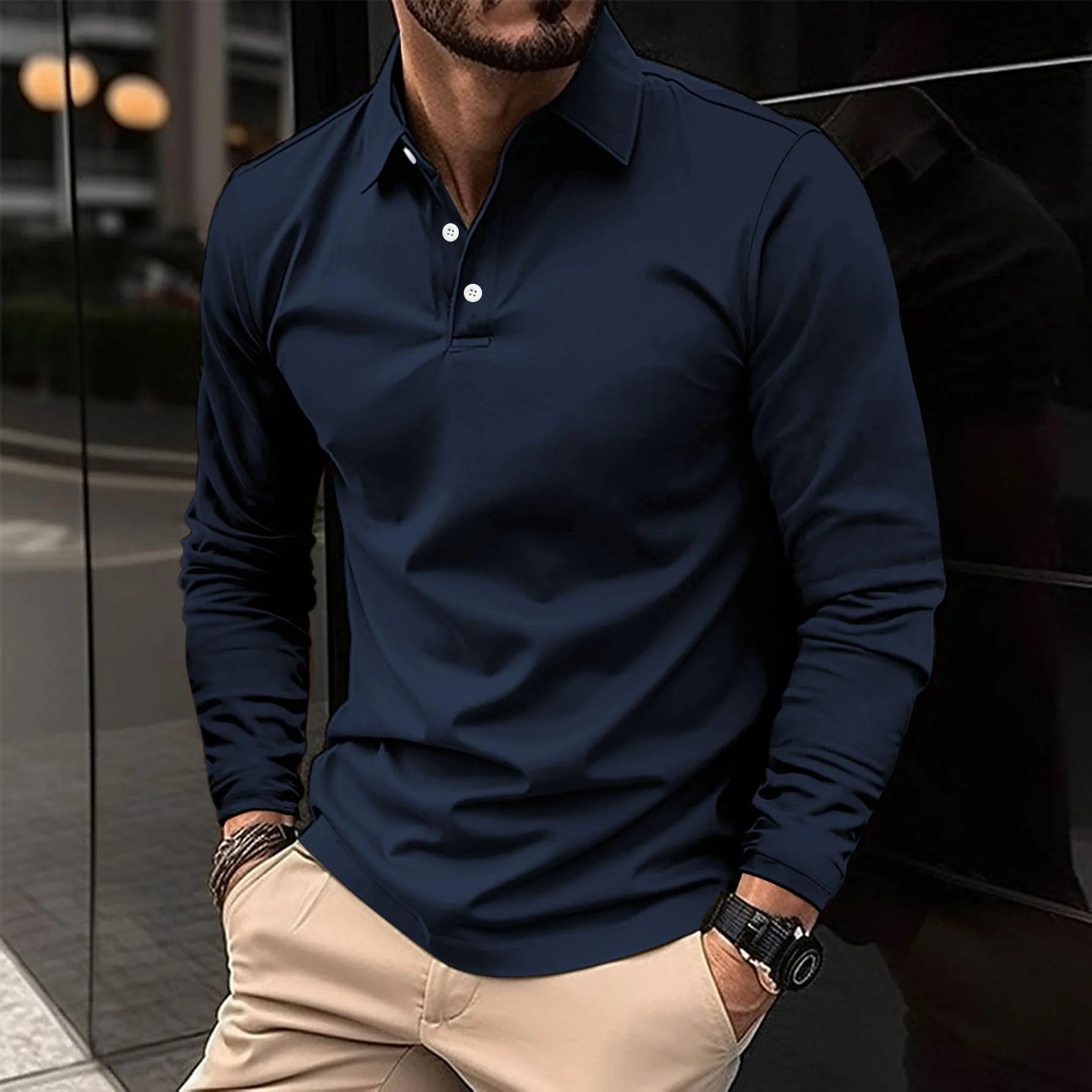 Men's Polo Shirt Cotton Long Sleeve Classic Collar
