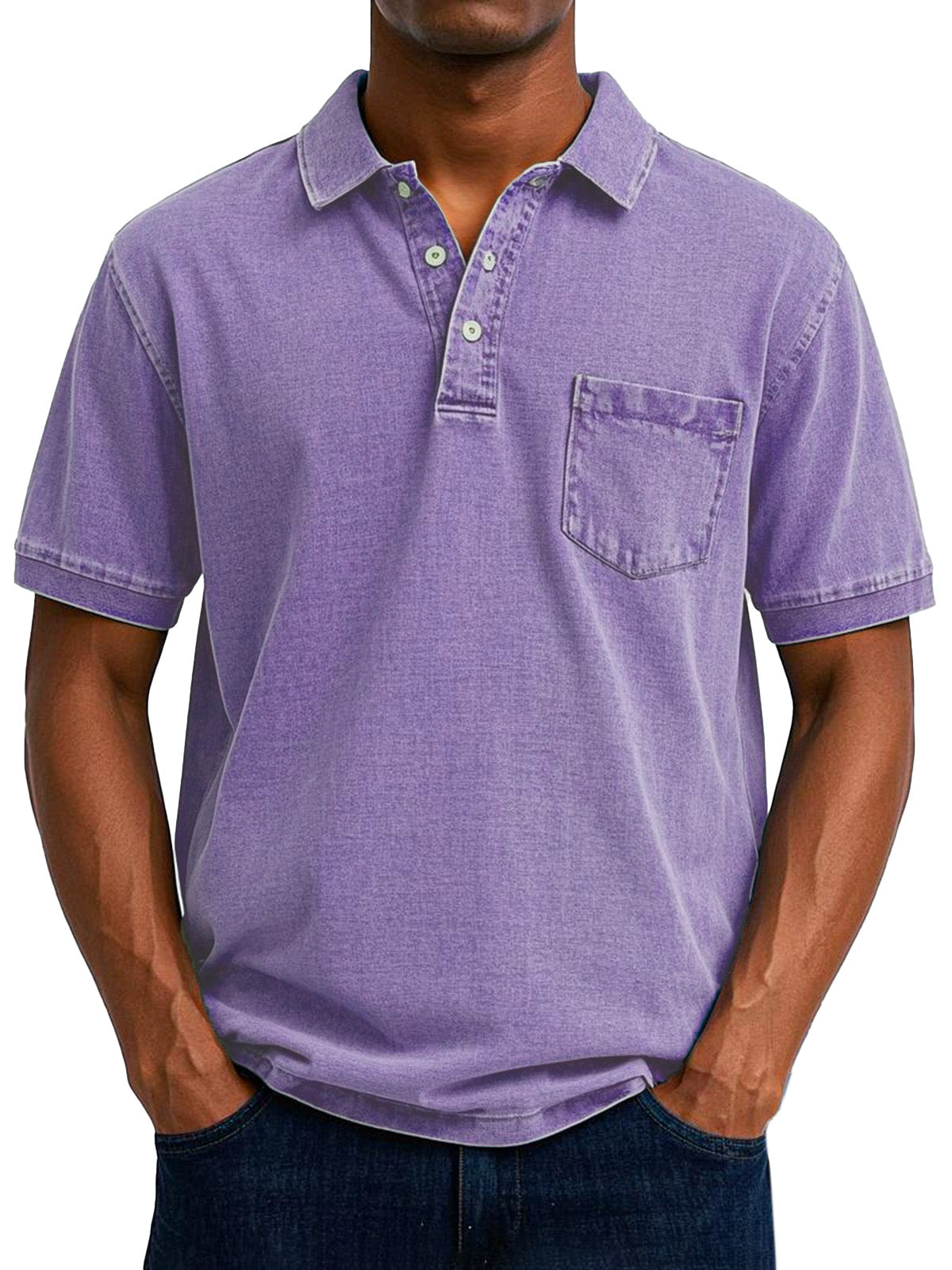 Men's Polo Shirt Cotton Denim Washed Short Sleeve