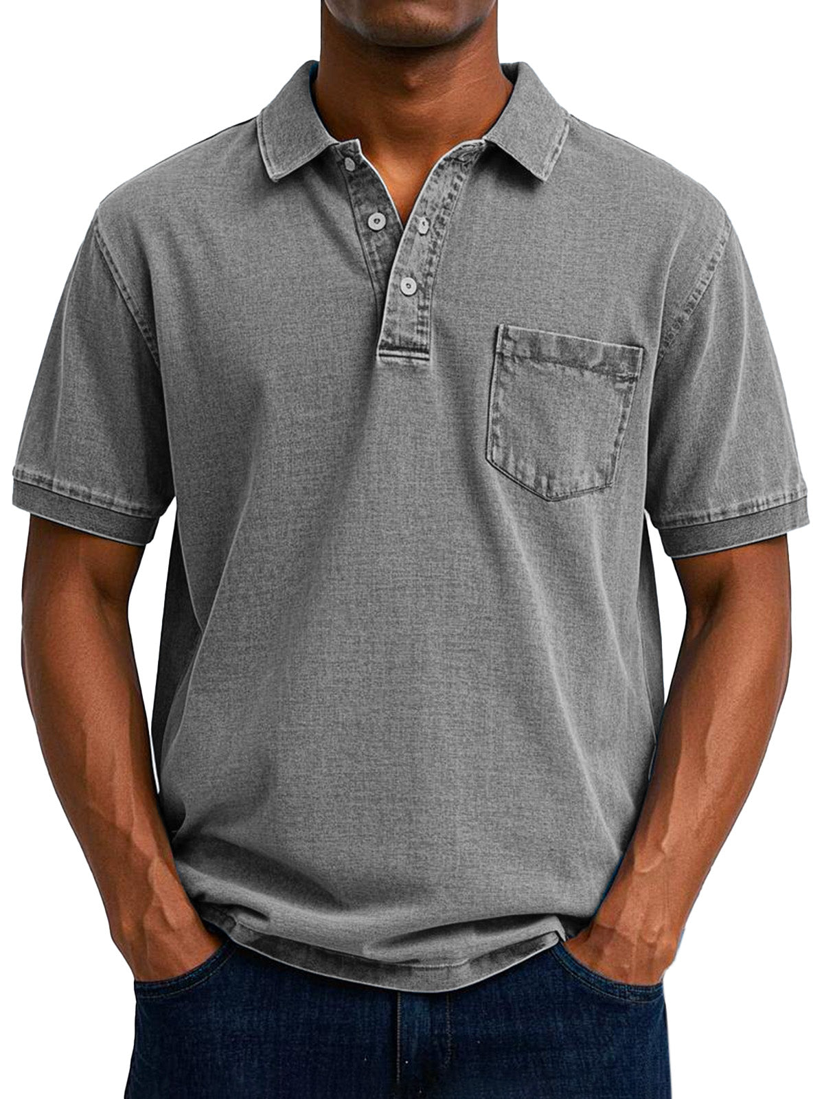 Men's Polo Shirt Cotton Denim Washed Short Sleeve