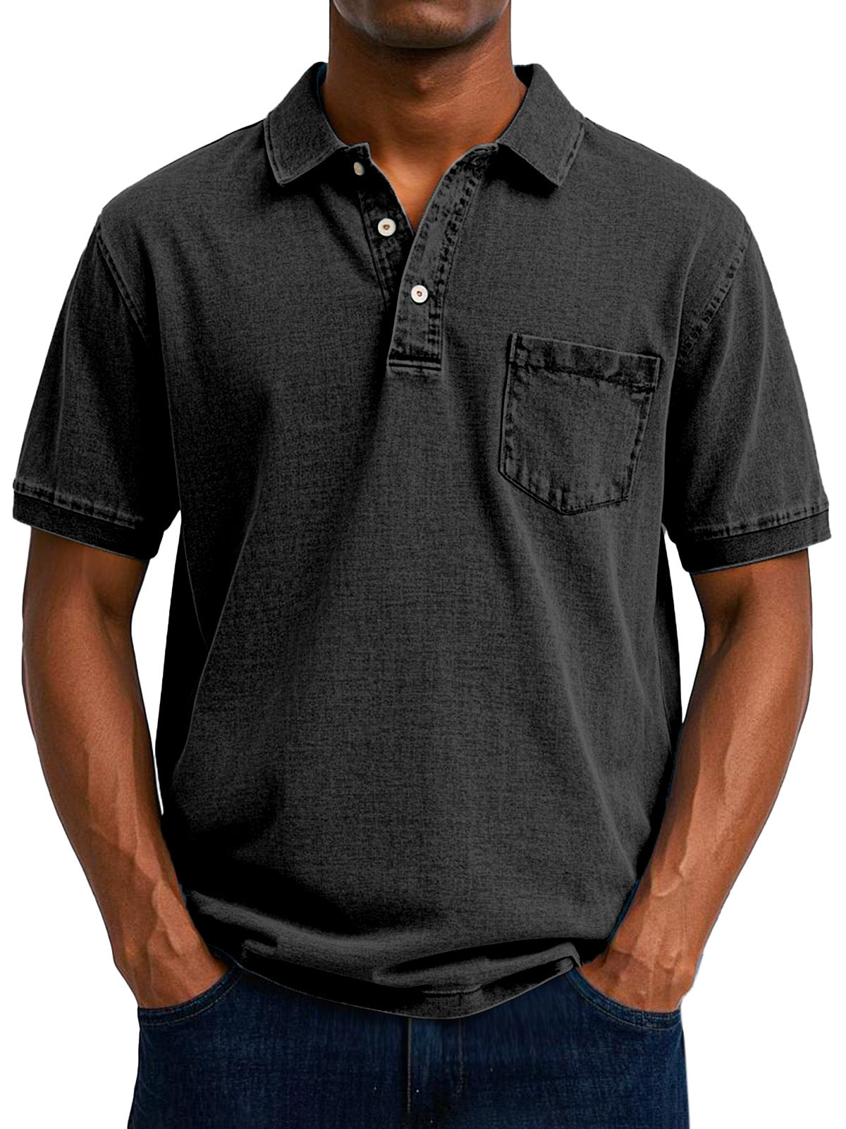 Men's Polo Shirt Cotton Denim Washed Short Sleeve