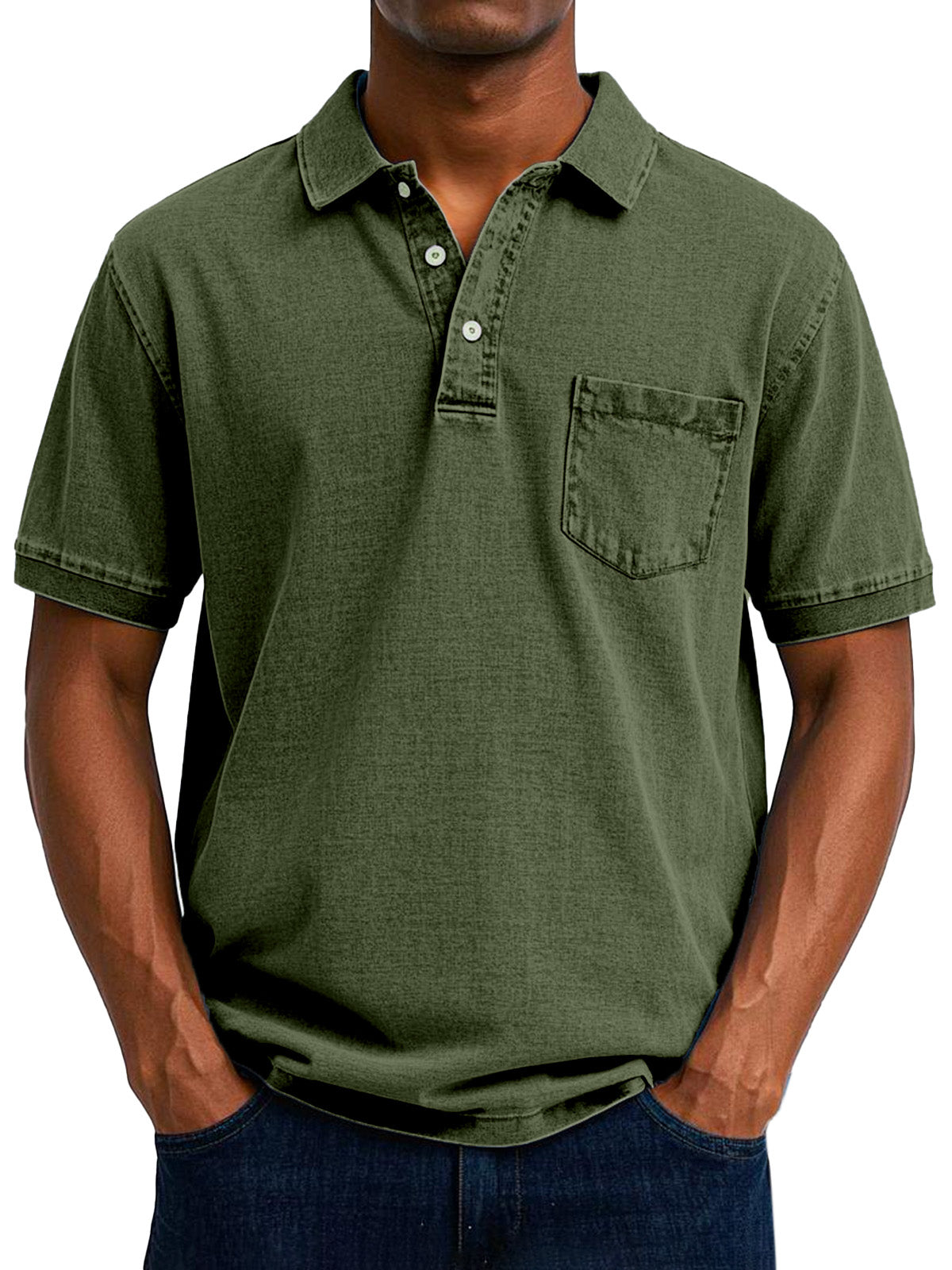 Men's Polo Shirt Cotton Denim Washed Short Sleeve