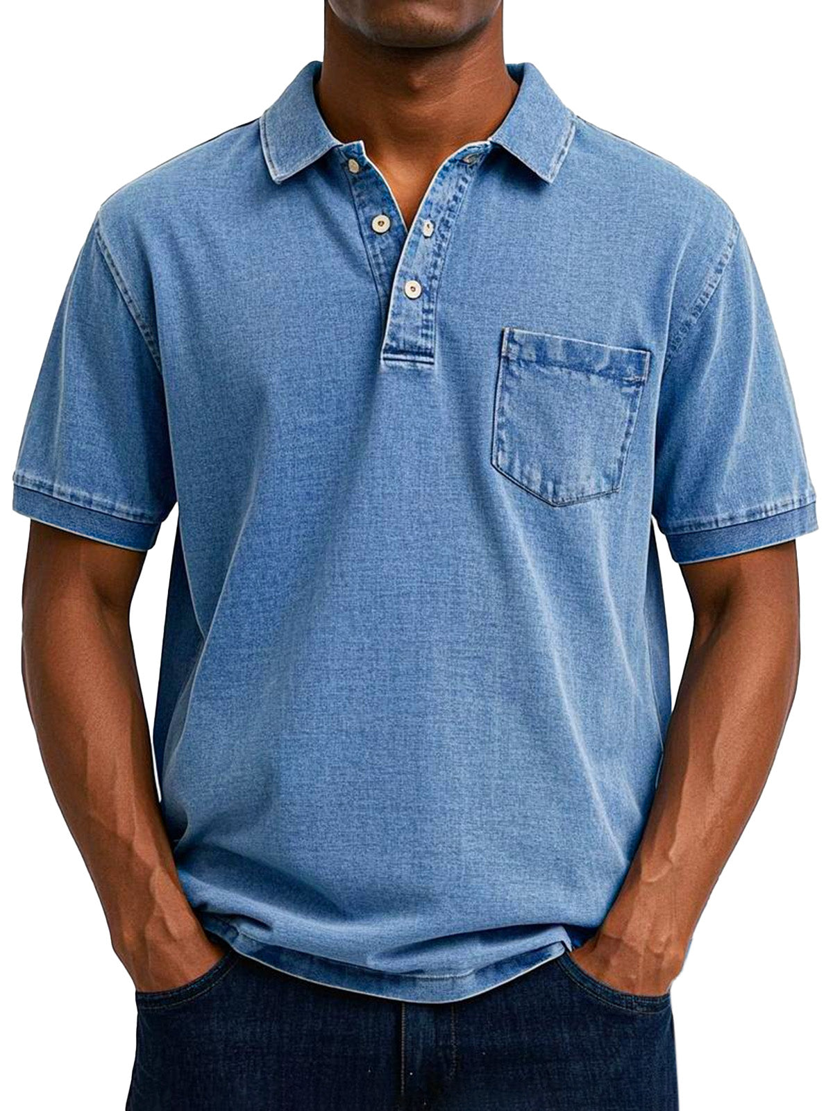 Men's Polo Shirt Cotton Denim Washed Short Sleeve
