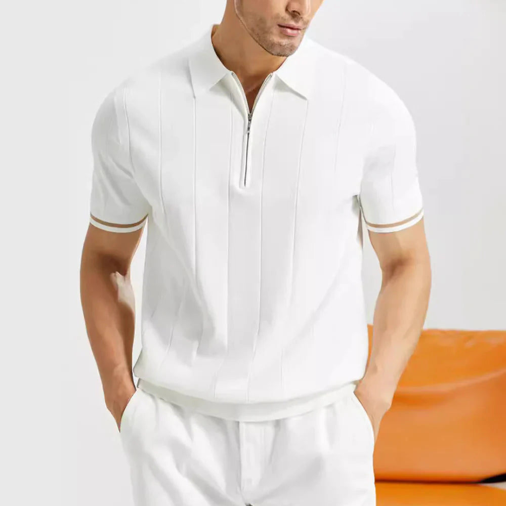 Men's Polo Shirt Knit Half Zip Striped Short Sleeve