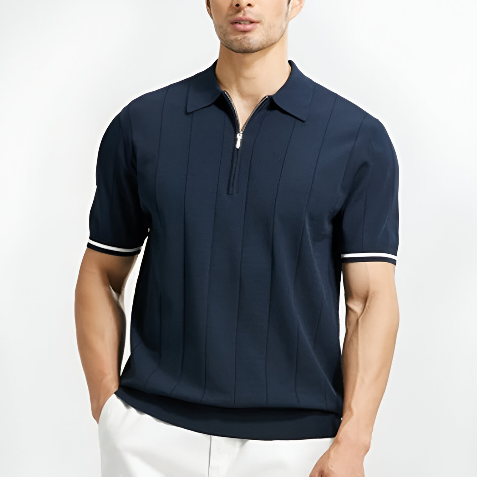 Men's Polo Shirt Knit Half Zip Striped Short Sleeve