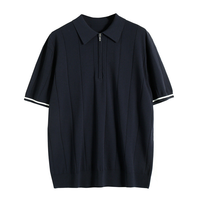 Men's Polo Shirt Knit Half Zip Striped Short Sleeve