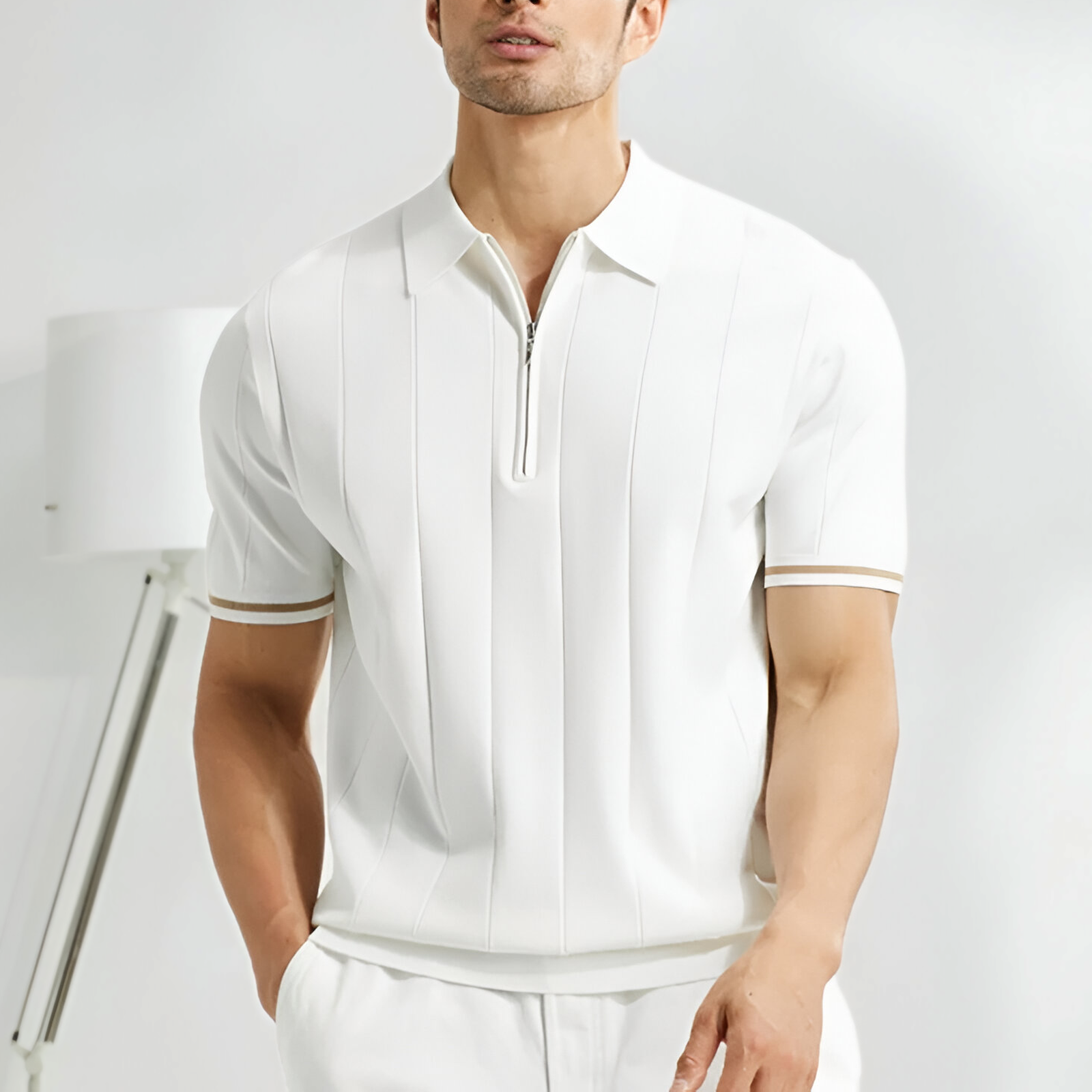 Men's Polo Shirt Knit Half Zip Striped Short Sleeve