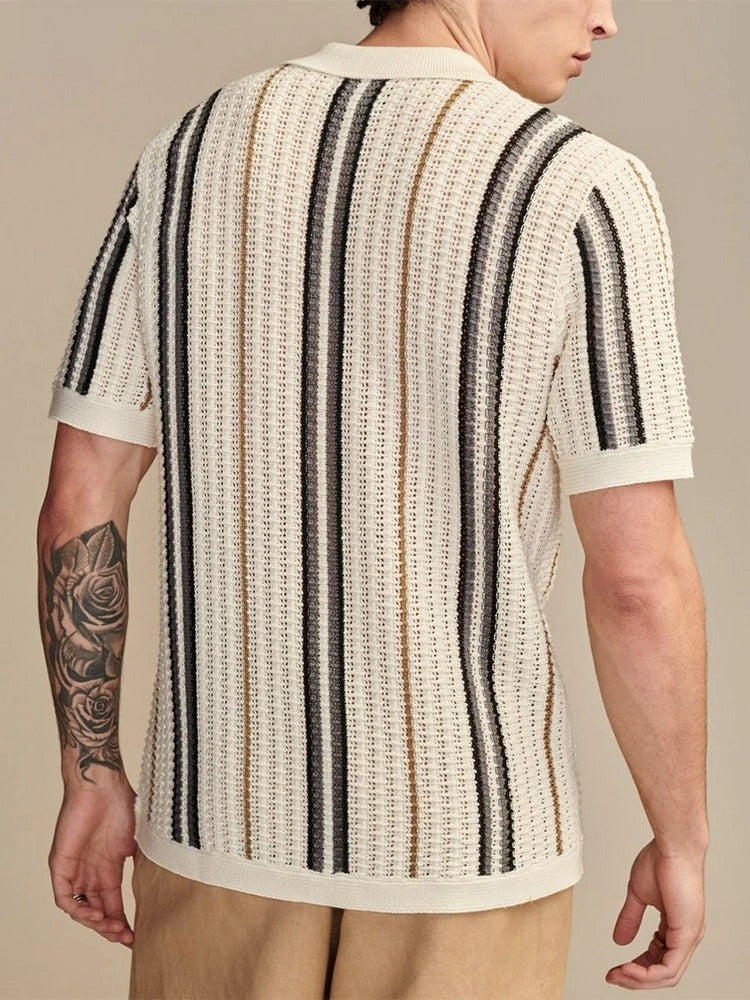 Men's Polo Shirt Crochet Knit Relaxed Fit Striped