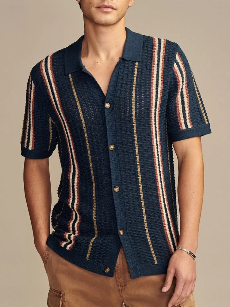 Men's Polo Shirt Crochet Knit Relaxed Fit Striped