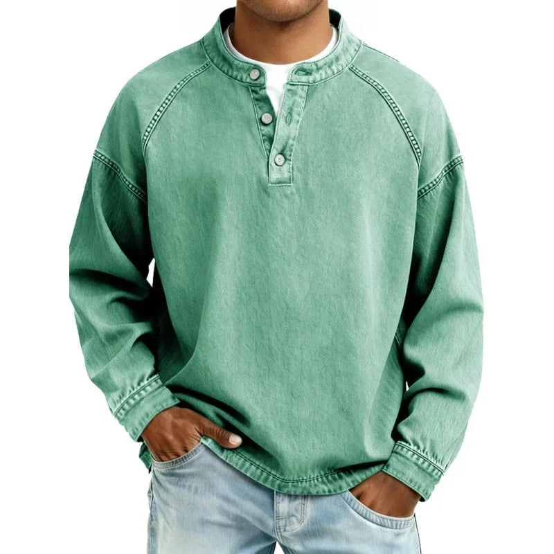 Men's Long Sleeve Henley Shirt Button Placket Relaxed Fit Vintage Style