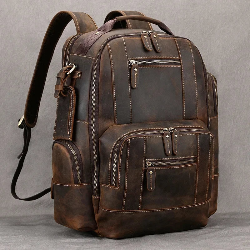 Men's Vintage Leather-Look Backpack Laptop Compartment Multiple Pockets
